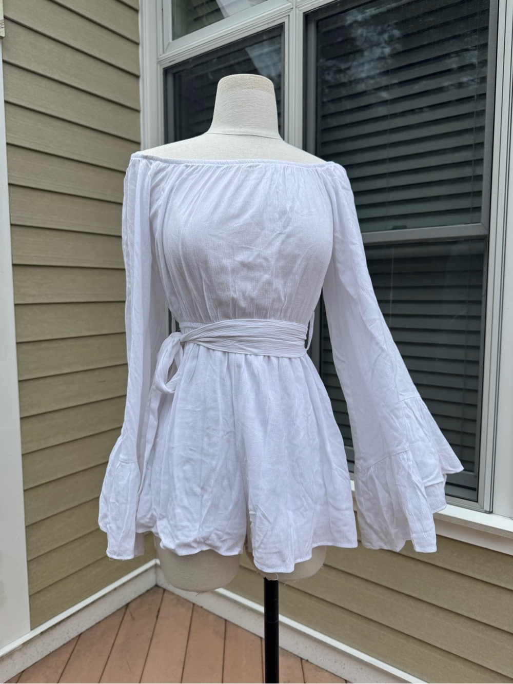White Off-Shoulder Bell Sleeve Romper
